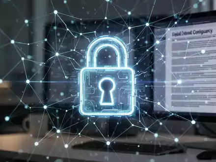 Ein stilisiertes, leuchtendes Vorhängeschloss-Symbol über einem abstrakten Netzwerk digitaler Datenpunkte, das Datenschutz und Compliance darstellt. - Foto: über boerse-global.de
