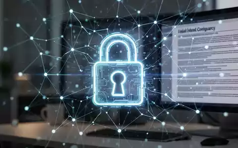 Ein stilisiertes, leuchtendes Vorhängeschloss-Symbol über einem abstrakten Netzwerk digitaler Datenpunkte, das Datenschutz und Compliance darstellt. - Foto: über boerse-global.de