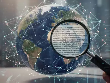 Eine stilisierte Weltkugel mit digitalen Überlagerungen, die globale Handelsbeziehungen und komplexe Sanktionslistenprüfung symbolisieren. - Foto: über boerse-global.de