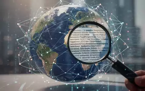 Eine stilisierte Weltkugel mit digitalen Überlagerungen, die globale Handelsbeziehungen und komplexe Sanktionslistenprüfung symbolisieren. - Foto: über boerse-global.de