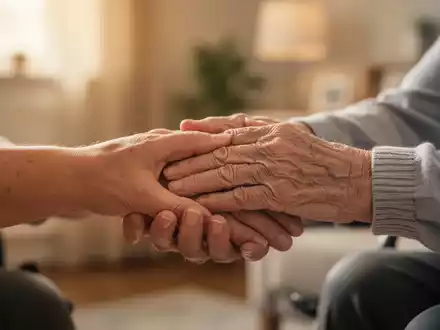 Eine Nahaufnahme einer fürsorglichen Hand, die sanft eine ältere Hand in einer häuslichen Pflegeumgebung stützt. - Foto: über boerse-global.de