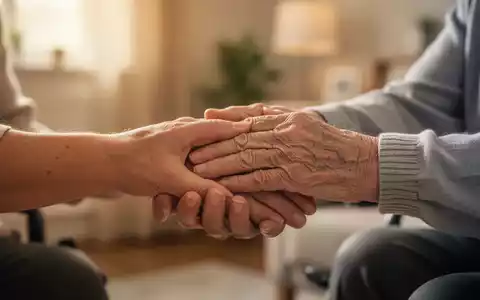 Eine Nahaufnahme einer fürsorglichen Hand, die sanft eine ältere Hand in einer häuslichen Pflegeumgebung stützt. - Foto: über boerse-global.de
