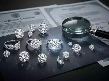 Glänzende, ethisch einwandfreie Labordiamanten und recycelte Edelmetalle auf einer dunklen Oberfläche, daneben Zertifikate und eine Lupe. - Foto: über boerse-global.de