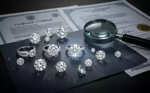 Glänzende, ethisch einwandfreie Labordiamanten und recycelte Edelmetalle auf einer dunklen Oberfläche, daneben Zertifikate und eine Lupe. - Foto: über boerse-global.de