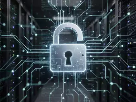 Ein digitales Vorhängeschloss über einem Netzwerk von leuchtenden Datenleitungen und Servern, das Cybersicherheit und Vorschriften symbolisiert. - Foto: über boerse-global.de