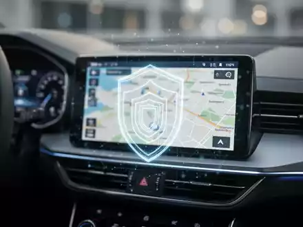 Ein modernes Armaturenbrett mit einem GPS-Navigationsbildschirm, der eine verschwommene Karte und ein stilisiertes Datenschutzsymbol anzeigt. - Foto: über boerse-global.de