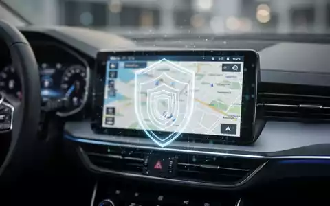 Ein modernes Armaturenbrett mit einem GPS-Navigationsbildschirm, der eine verschwommene Karte und ein stilisiertes Datenschutzsymbol anzeigt. - Foto: über boerse-global.de