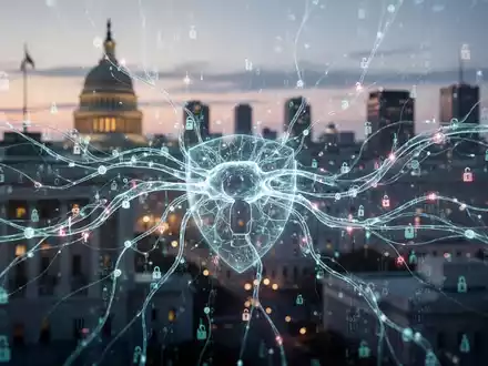 Abstrakte Darstellung von Datenströmen und leuchtenden neuronalen Netzen, die KI und Datenschutz symbolisieren, vor verschwommenen Regierungsgebäuden. - Foto: über boerse-global.de