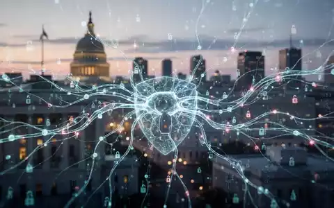 Abstrakte Darstellung von Datenströmen und leuchtenden neuronalen Netzen, die KI und Datenschutz symbolisieren, vor verschwommenen Regierungsgebäuden. - Foto: über boerse-global.de