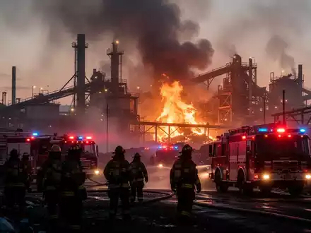 Rauchende Industrieanlage bei Dämmerung, Einsatzkräfte bekämpfen einen Großbrand mit Blaulicht und Löschschaum. - Foto: über boerse-global.de