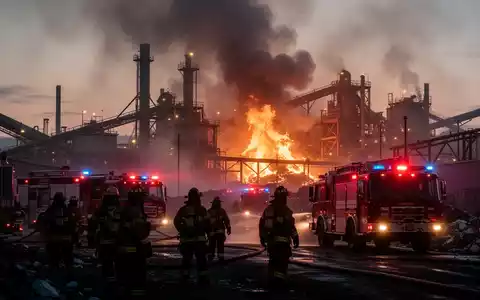 Rauchende Industrieanlage bei Dämmerung, Einsatzkräfte bekämpfen einen Großbrand mit Blaulicht und Löschschaum. - Foto: über boerse-global.de