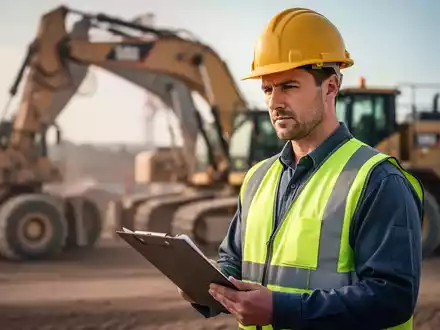 Ein Bauarbeiter mit Helm und Warnweste hält ein Klemmbrett auf einer Baustelle. Fokus auf Arbeitssicherheit und Vorschriften. - Foto: über boerse-global.de