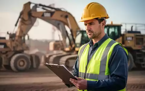 Ein Bauarbeiter mit Helm und Warnweste hält ein Klemmbrett auf einer Baustelle. Fokus auf Arbeitssicherheit und Vorschriften. - Foto: über boerse-global.de