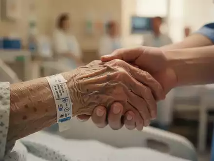 Die Hand eines älteren Menschen mit Krankenhausarmband, sanft gehalten von einer jüngeren Hand, im unscharfen Hintergrund ein Krankenhaus. - Foto: über boerse-global.de
