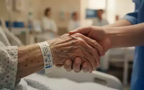 Die Hand eines älteren Menschen mit Krankenhausarmband, sanft gehalten von einer jüngeren Hand, im unscharfen Hintergrund ein Krankenhaus. - Foto: über boerse-global.de