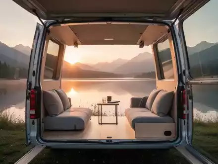 Ein minimalistischer Van in einer ruhigen Naturlandschaft bei Sonnenuntergang, symbolisiert Freiheit und bewusste Erholung. - Foto: über boerse-global.de