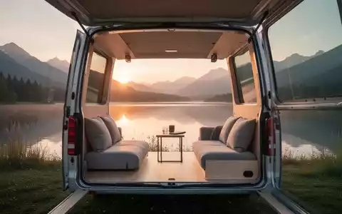 Ein minimalistischer Van in einer ruhigen Naturlandschaft bei Sonnenuntergang, symbolisiert Freiheit und bewusste Erholung. - Foto: über boerse-global.de