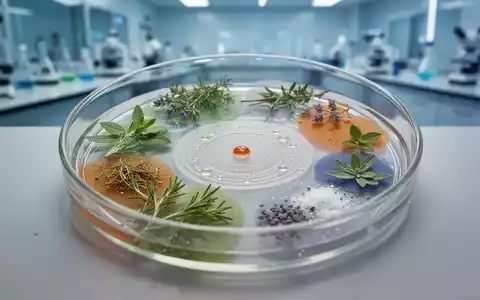 Eine stilisierte Petrischale zeigt Hemmzonen um Kräuter und Pflanzenextrakte, was alternative Behandlungen für bakterielle Infektionen symbolisiert. - Foto: über boerse-global.de