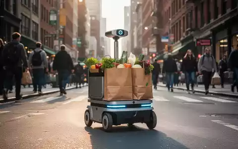 Autonomer Lieferroboter mit Lebensmitteln auf einer Stadtstraße, Symbol für den Wandel zur fahrerlosen Letzte-Meile-Zustellung. - Foto: über boerse-global.de