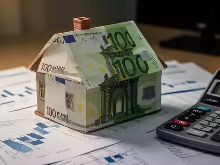 Ein Miniatur-Hausmodell aus Euro-Banknoten auf einem Schreibtisch mit Finanzdokumenten und einem Taschenrechner. - Foto: über boerse-global.de