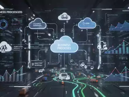 Eine digitale Benutzeroberfläche zeigt vernetzte Geschäftsprozesse und Datenflüsse, die Cloud-Technologie und Effizienz symbolisieren. - Foto: über boerse-global.de