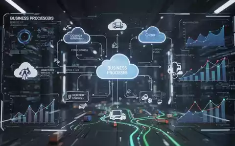 Eine digitale Benutzeroberfläche zeigt vernetzte Geschäftsprozesse und Datenflüsse, die Cloud-Technologie und Effizienz symbolisieren. - Foto: über boerse-global.de