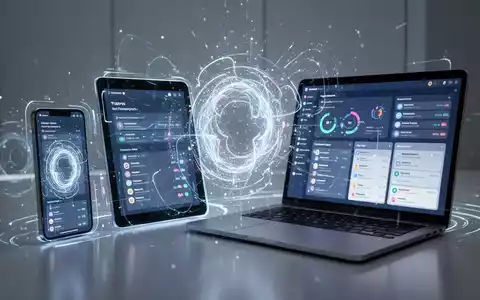 Abstrakte, leuchtende KI-Oberfläche, die Smartphone, Tablet und Laptop nahtlos verbindet – Symbol für geräteübergreifende Synchronisation. - Foto: über boerse-global.de