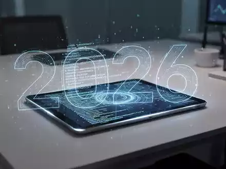 Ein modernes Büro mit einem Tablet, das eine abstrakte Datenvisualisierung und die Jahreszahl 2026 anzeigt, symbolisiert digitale Rechnungsstellung und Fristen. - Foto: über boerse-global.de