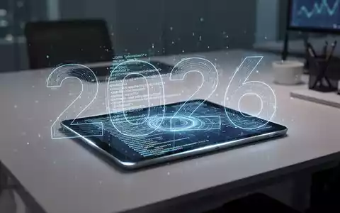 Ein modernes Büro mit einem Tablet, das eine abstrakte Datenvisualisierung und die Jahreszahl 2026 anzeigt, symbolisiert digitale Rechnungsstellung und Fristen. - Foto: über boerse-global.de
