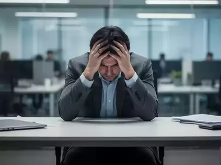 Eine Person sitzt an einem Schreibtisch, den Kopf in den Händen, sichtbar gestresst in einer modernen Büroumgebung. - Foto: über boerse-global.de