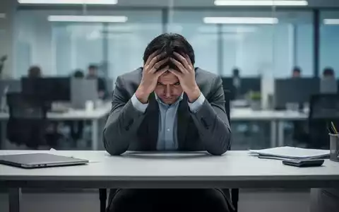 Eine Person sitzt an einem Schreibtisch, den Kopf in den Händen, sichtbar gestresst in einer modernen Büroumgebung. - Foto: über boerse-global.de