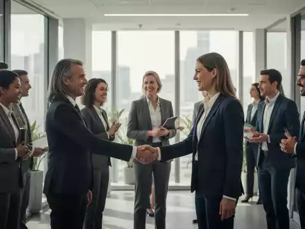 Geschäftsleute in einem modernen Büro, einige schütteln Hände, andere unterhalten sich. Fokus auf Rückkehr und Wiederverbindung. - Foto: über boerse-global.de