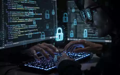 HackerhĂ€nde tippen auf einer Tastatur, mit digitalen Sicherheitsschloss-Symbolen auf dem Bildschirm, der Code spiegelt sich in der Brille. - Foto: ĂŒber boerse-global.de