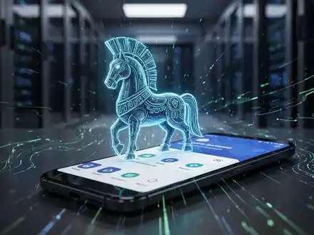 Ein stilisiertes, bedrohliches digitales Trojanisches Pferd-Symbol überlagert ein Android-Smartphone mit Banking-App. - Foto: über boerse-global.de