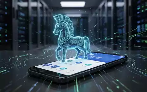 Ein stilisiertes, bedrohliches digitales Trojanisches Pferd-Symbol überlagert ein Android-Smartphone mit Banking-App. - Foto: über boerse-global.de