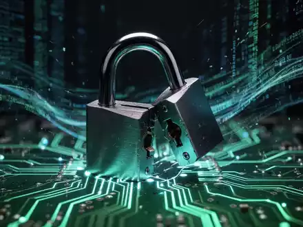 Ein stilisiertes digitales Vorhängeschloss auf einer Leiterplatte mit abstrakten Datenströmen im Hintergrund. - Foto: über boerse-global.de