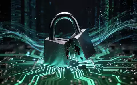 Ein stilisiertes digitales Vorhängeschloss auf einer Leiterplatte mit abstrakten Datenströmen im Hintergrund. - Foto: über boerse-global.de