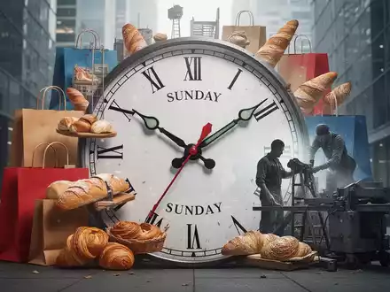 Ein stilisiertes Bild einer Uhr, die auf Sonntag zeigt, umgeben von Elementen aus Handel und Arbeit, die Konflikte darstellen. - Foto: über boerse-global.de