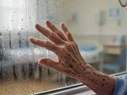 Eine ältere Hand berührt eine beschlagene Fensterscheibe, verschwommener Hintergrund einer Pflegezimmereinrichtung. - Foto: über boerse-global.de