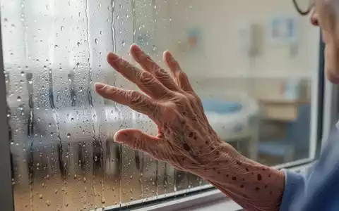 Eine ältere Hand berührt eine beschlagene Fensterscheibe, verschwommener Hintergrund einer Pflegezimmereinrichtung. - Foto: über boerse-global.de