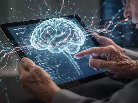 Ältere Hände interagieren mit einem Tablet, das eine leuchtende neuronale Netzwerkgrafik anzeigt, umgeben von abstraktem Datenfluss. - Foto: über boerse-global.de