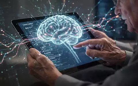 Ältere Hände interagieren mit einem Tablet, das eine leuchtende neuronale Netzwerkgrafik anzeigt, umgeben von abstraktem Datenfluss. - Foto: über boerse-global.de