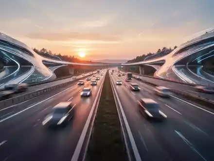 Eine moderne, mehrspurige deutsche Autobahn bei Sonnenuntergang, mit unscharfen Autos und futuristischem Design. - Foto: über boerse-global.de