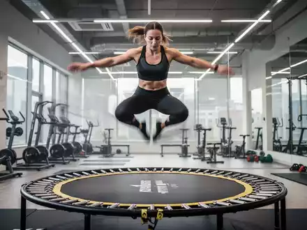 Eine Person springt dynamisch auf einem Fitnesstrampolin in einem modernen Fitnessstudio, um Ganzkörpertraining und Core-Stabilität zu symbolisieren. - Foto: über boerse-global.de
