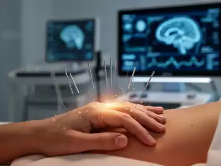 Nahaufnahme einer Hand mit Akupunkturnadeln und einem unscharfen medizinischen Monitor im Hintergrund, der Genesung symbolisiert. - Foto: über boerse-global.de