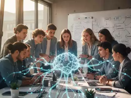 Eine Gruppe junger Unternehmer arbeitet in einem modernen Büro, umgeben von Whiteboards und einer holografischen KI-Projektion. - Foto: über boerse-global.de