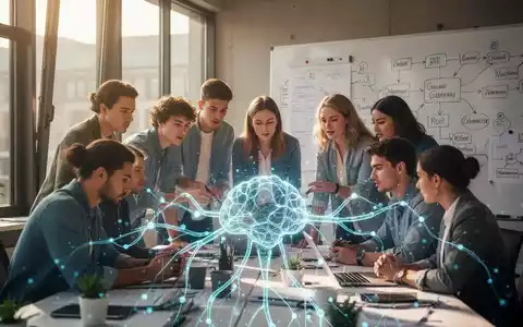 Eine Gruppe junger Unternehmer arbeitet in einem modernen Büro, umgeben von Whiteboards und einer holografischen KI-Projektion. - Foto: über boerse-global.de