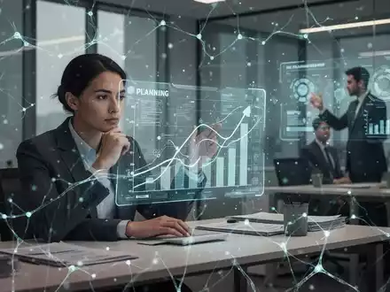 Eine Person plant mit einer Hologramm-KI-Projektion, während eine andere Person im Hintergrund an einem Computer handelt. - Foto: über boerse-global.de