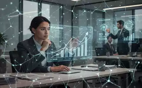 Eine Person plant mit einer Hologramm-KI-Projektion, während eine andere Person im Hintergrund an einem Computer handelt. - Foto: über boerse-global.de
