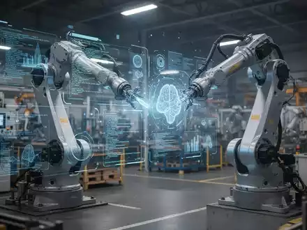 Ein Roboterarm interagiert mit einer holografischen Anzeige, die Daten, KI und Code in einer Fabrikumgebung darstellt. - Foto: über boerse-global.de